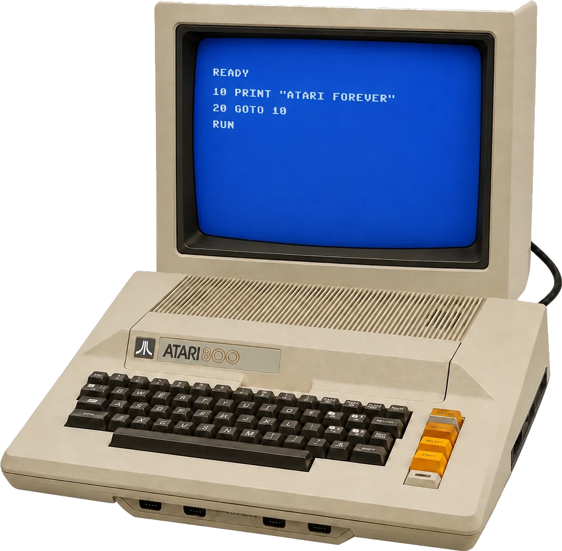 Atari 800 computer connected to a beige composite monitor showing a short program on the blue Atari BASIC screen