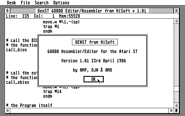 HiSoft Devpac editor showing 68000 assembly code on Atari ST