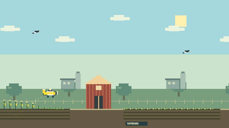 A yellow pixel cropduster fertilizing growing crops beside farm buildings and obstacles