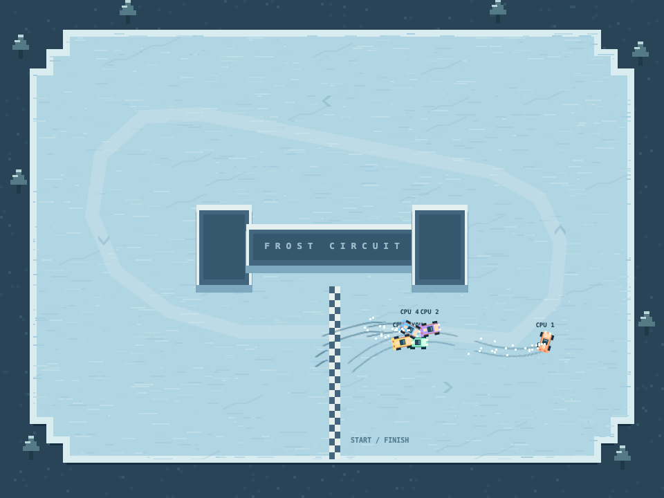 Pixel cars drifting around Frost Circuit's ice track and central island