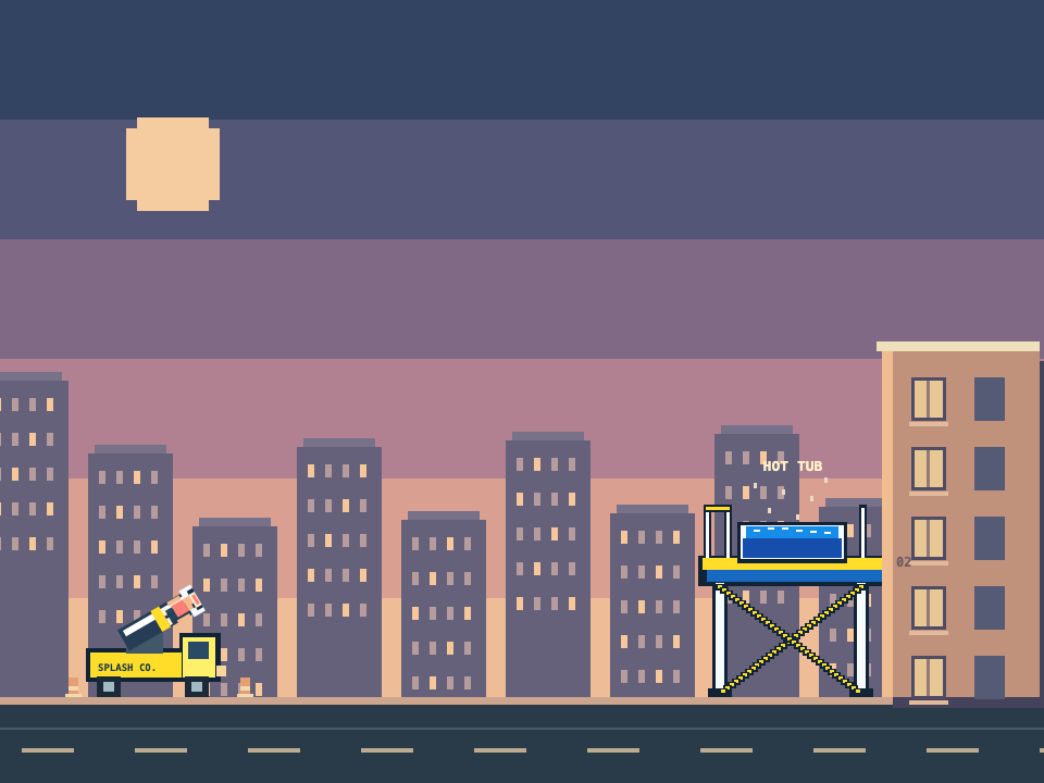 A truck-mounted launcher sending a stunt person toward a hot tub on an apartment deck at sunset