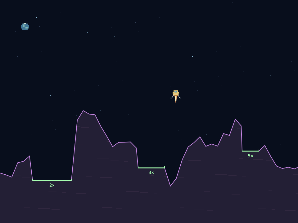 A gold lunar lander descending toward jagged purple terrain and green multiplier landing pads