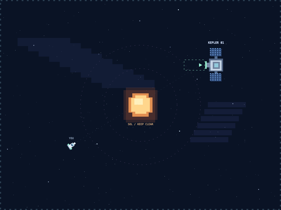 A pixel spacecraft approaching a solar-panel station beside a central sun