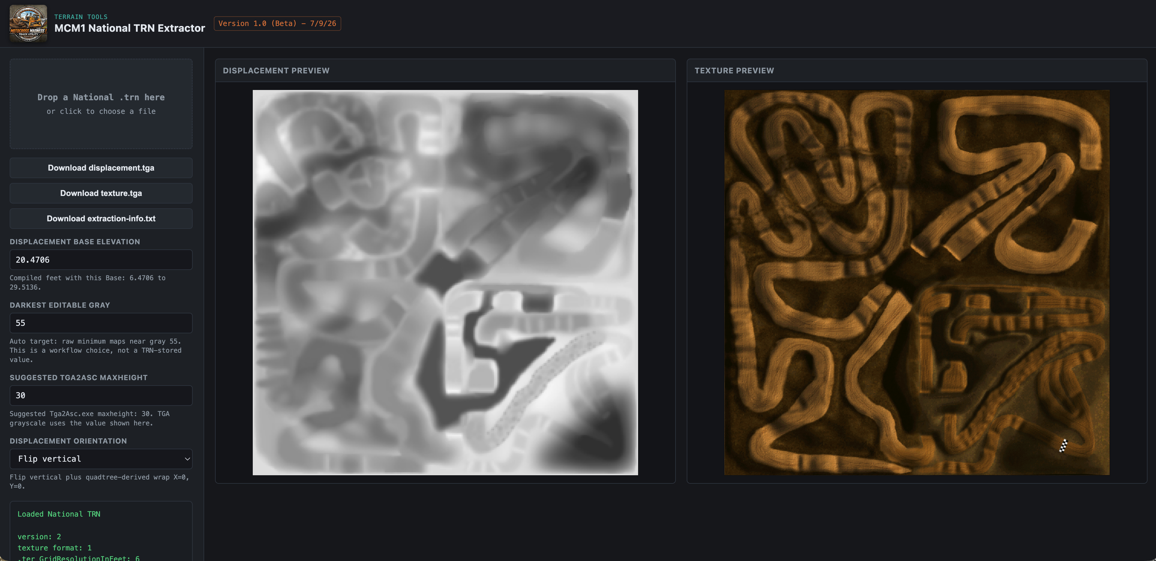MCM1 TRN Extractor interface showing displacement and texture previews