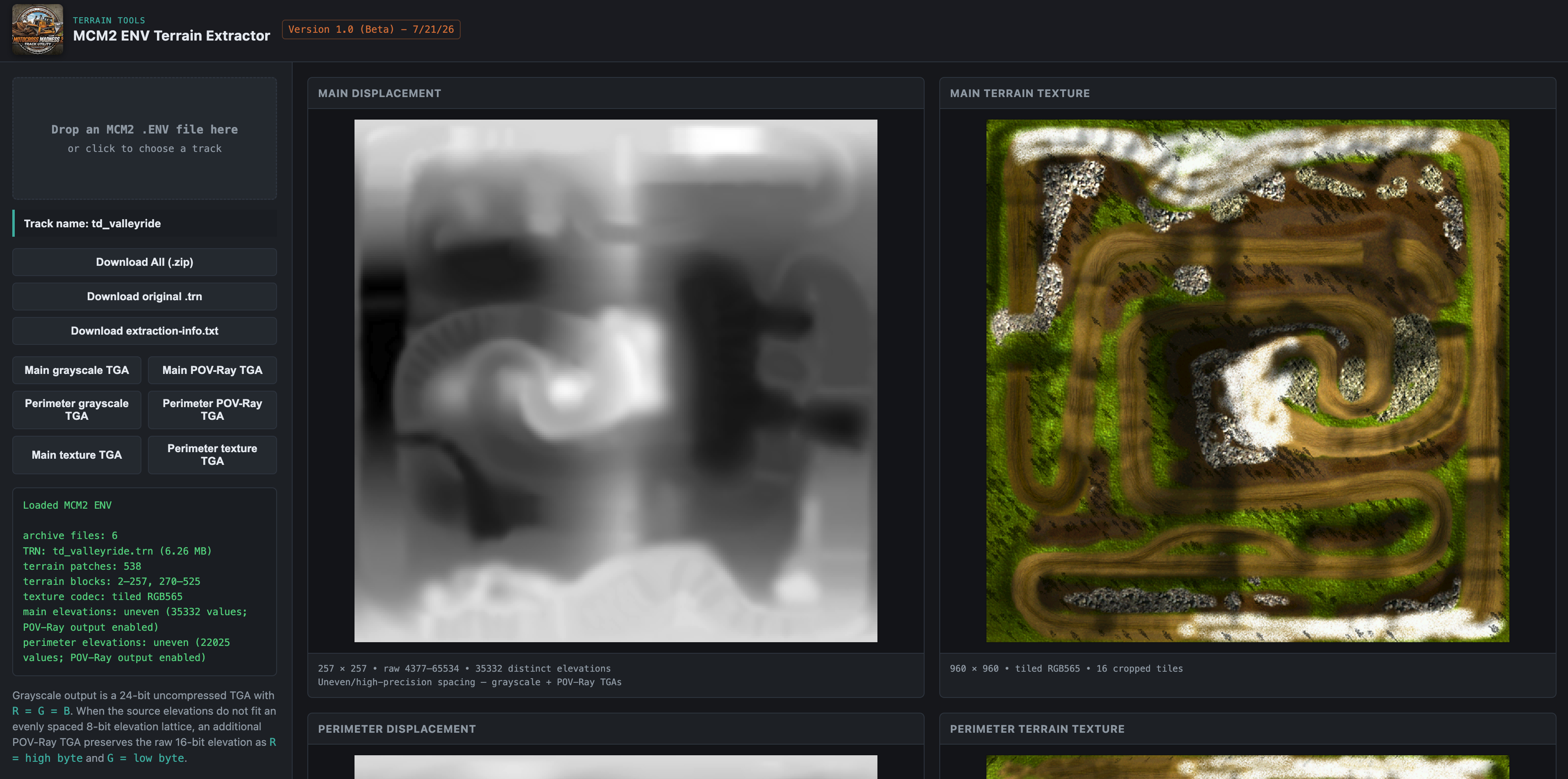 MCM2 TRN Extractor interface showing displacement and texture previews